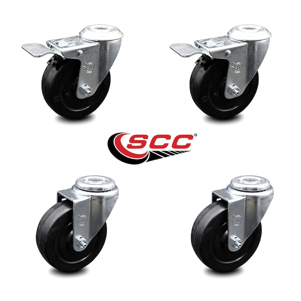 4 Inch Soft Rubber Swivel Bolt Hole Caster Set with 2 Total Lock Brake SCC